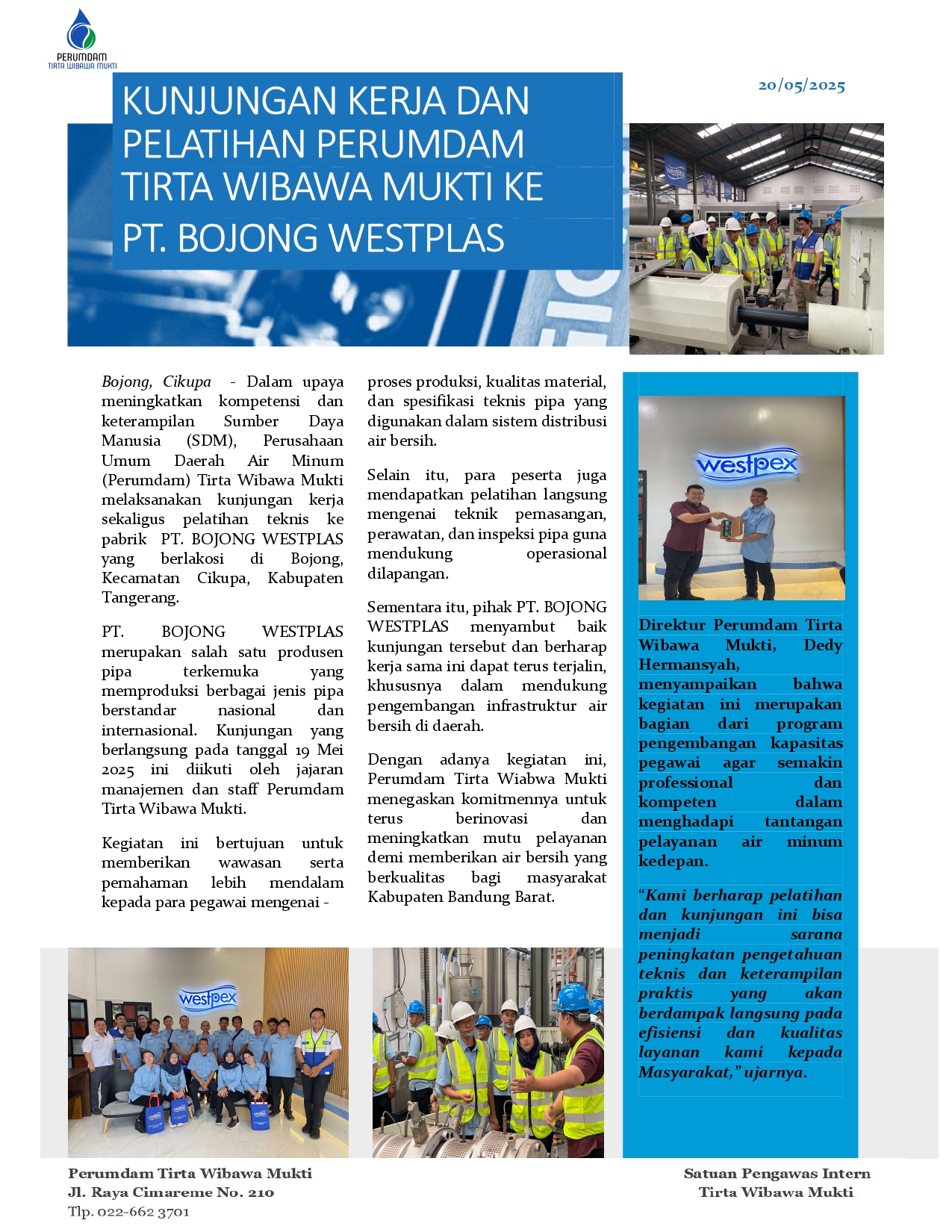 Kunjungan Kerja dan Pelatihan Perumdam Tirta Wibawa Mukti ke PT. BOJONG WESTPLAS