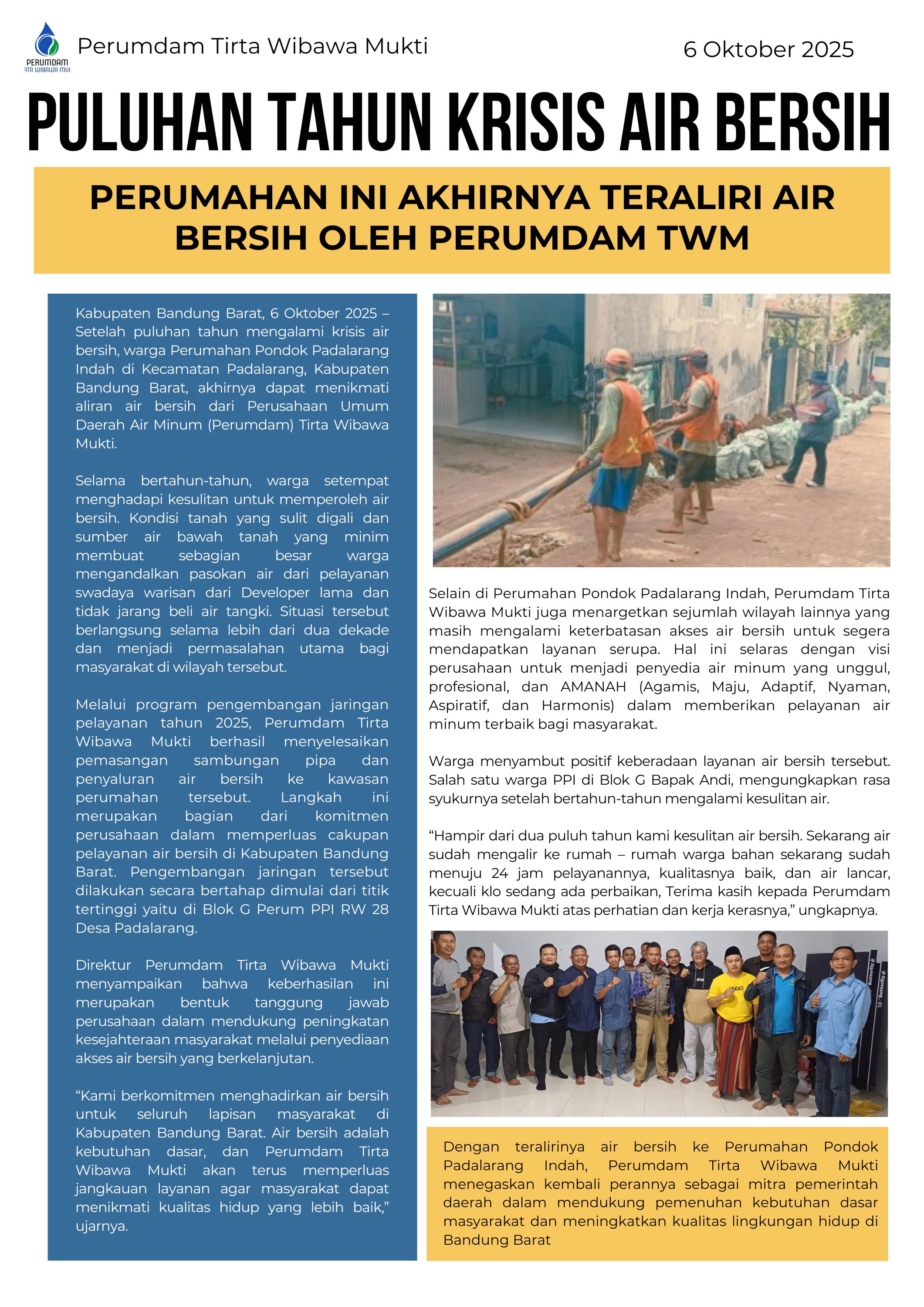 PULUHAN TAHUN KRISIS AIR BERSIH, PERUMAHAN INI AKHIRNYA TERALIRI AIR BERSIH OLEH PERUMDAM TIRTA WIBAWA MUKTI