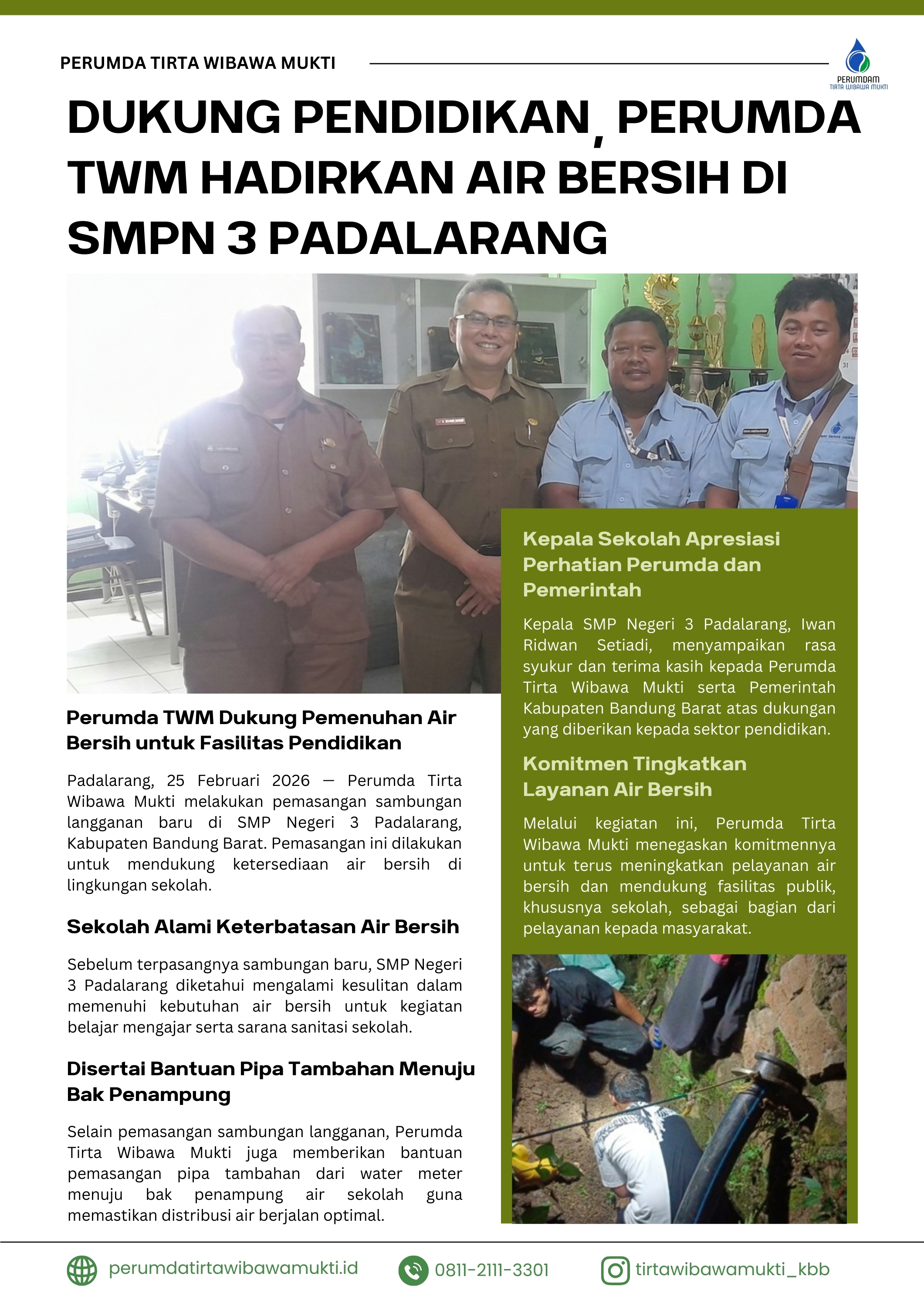 Dukung Pendidikan, Perumda TWM Hadirkan Air Bersih di SMPN 3 Padalarang