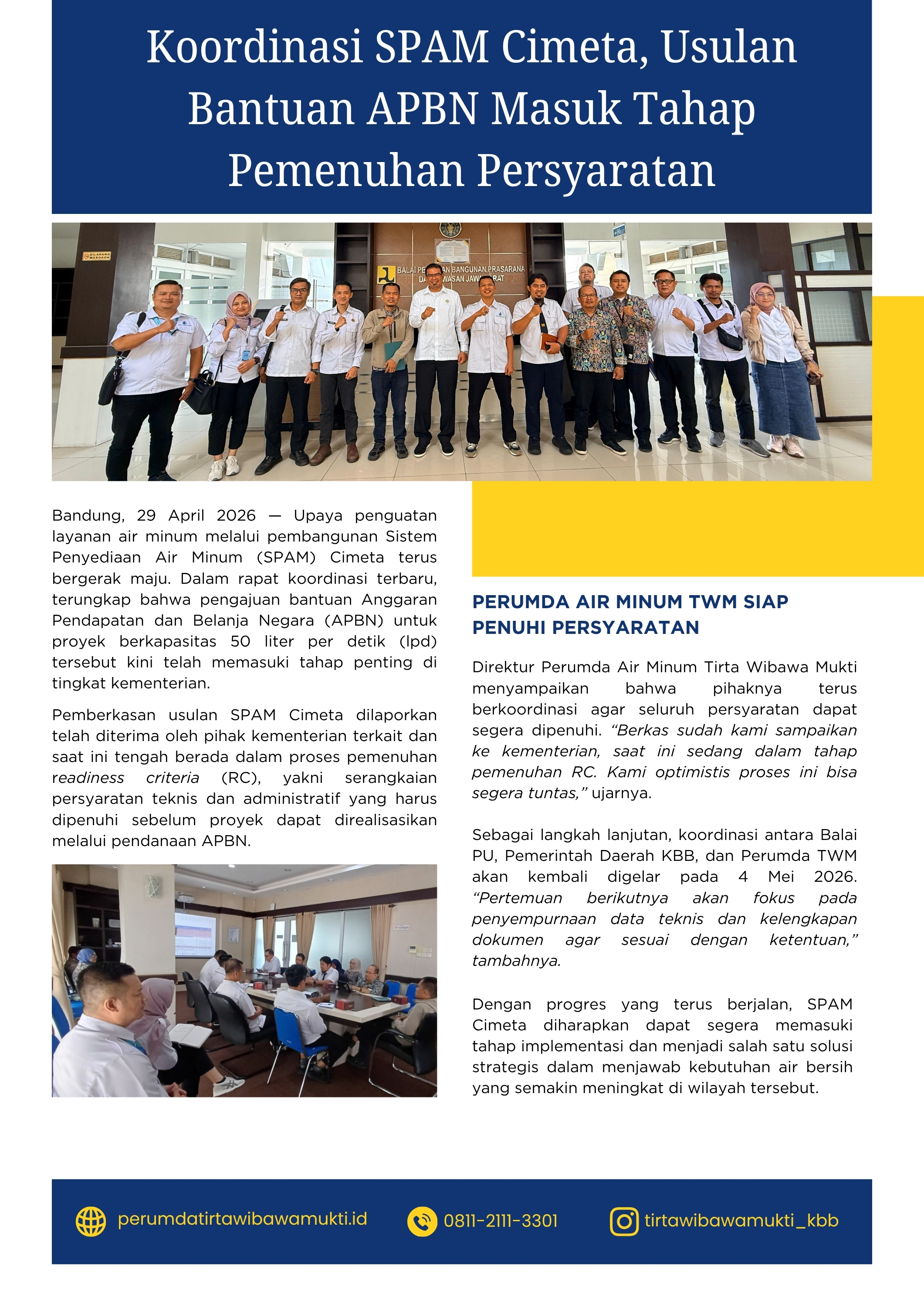 Koordinasi SPAM Cimeta, Usulan Bantuan APBN Masuk Tahap Pemenuhan Persyaratan