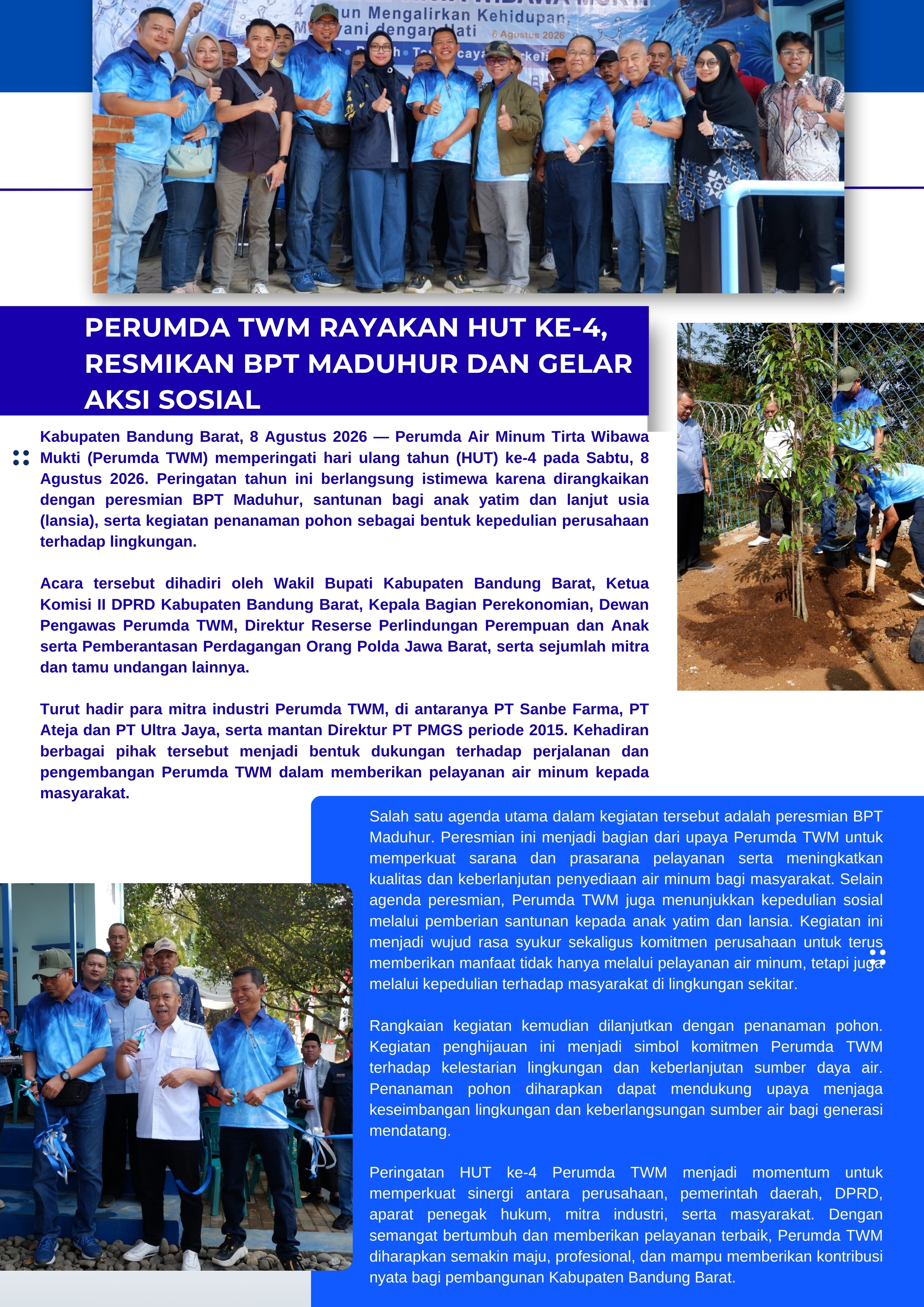 Perumda TWM Rayakan HUT ke-4, Resmikan BPT Maduhur dan Gelar Aksi Sosial